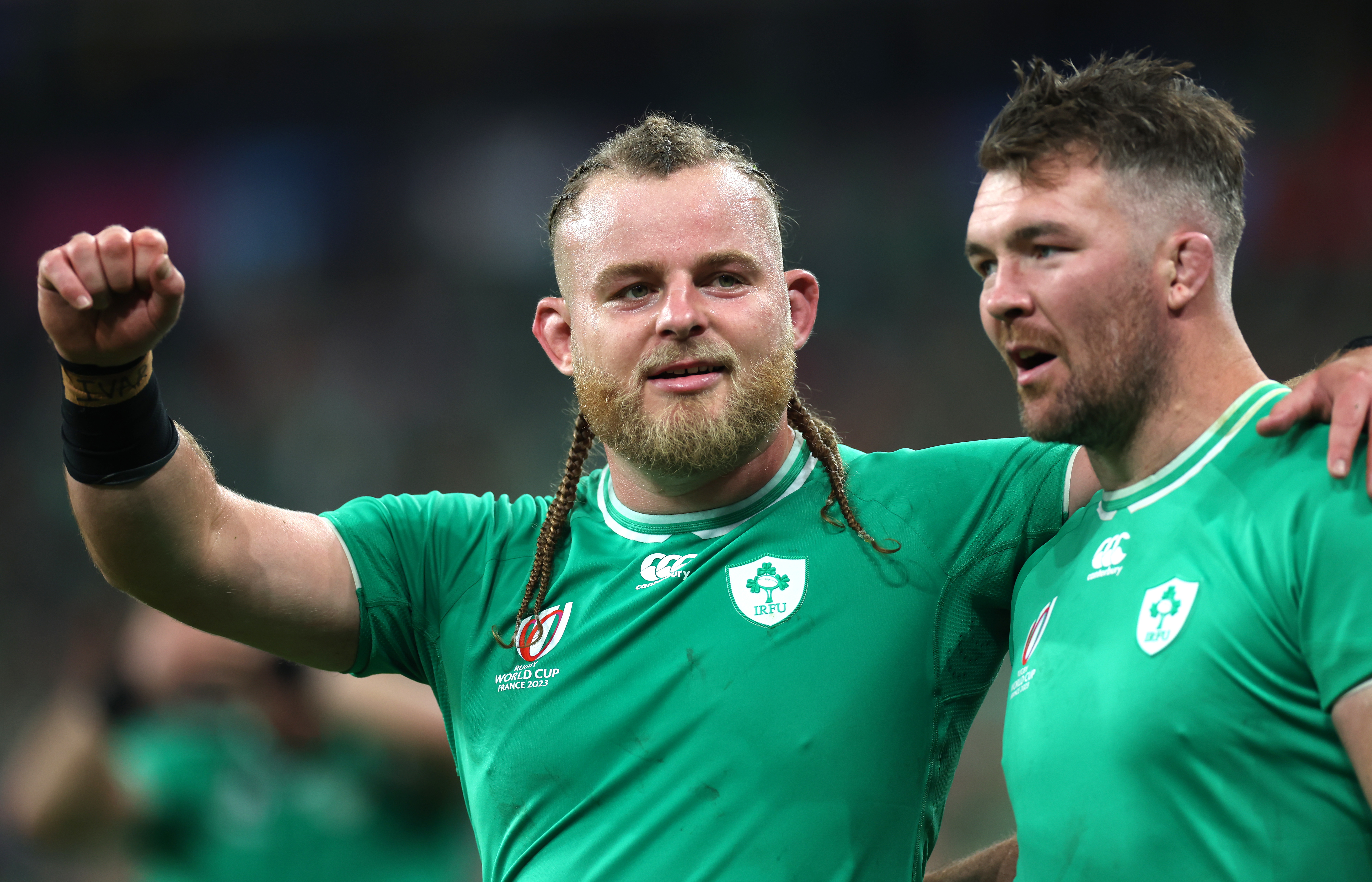 Finlay Bealham, left, celebrates Ireland's win over South Africa with Peter O’Mahony
