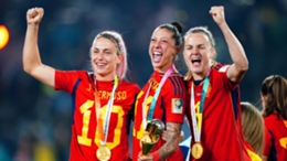 Alexia Putellas, Jennifer Hermoso and Irene Paredes celebrate Spain’s World Cup win (Zac Goodwin/PA)