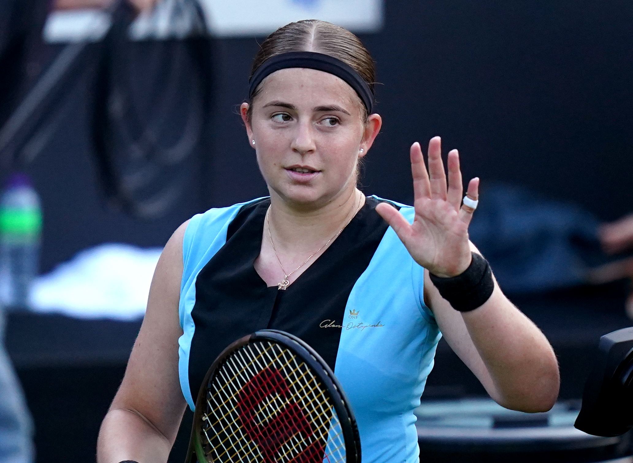 Jelena Ostapenko celebrates victory against Venus Williams