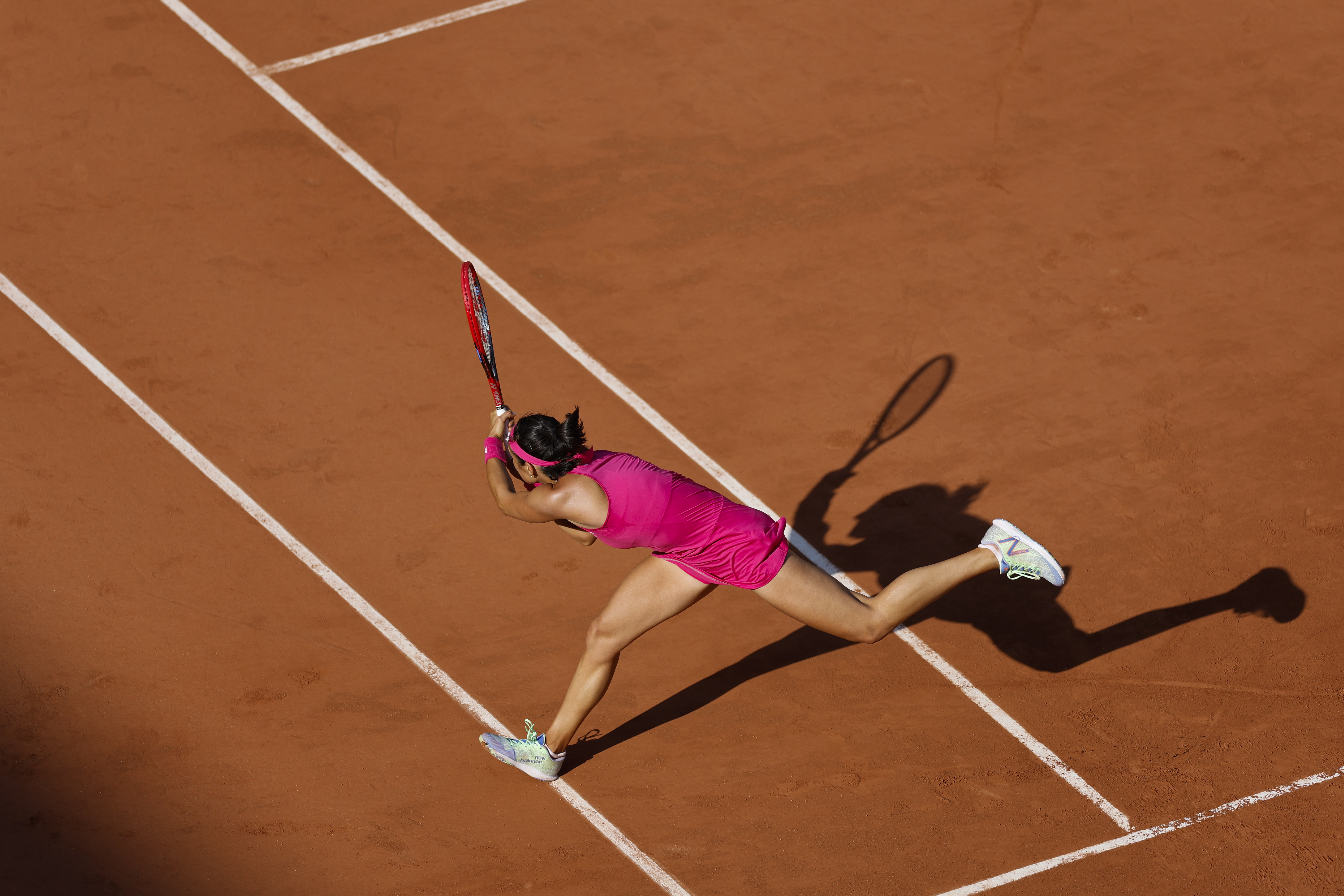 Caroline Garcia plays a backhand against China’s Wang Xiyu