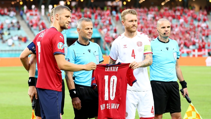 Simon Kjaer and Denmark are presented with a Czech Republic jersey donning Christian Eriksen's name during Euro 2020