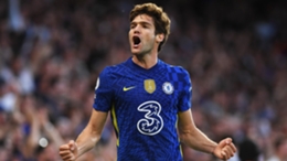 Marcos Alonso celebrates his equaliser against Leicester City