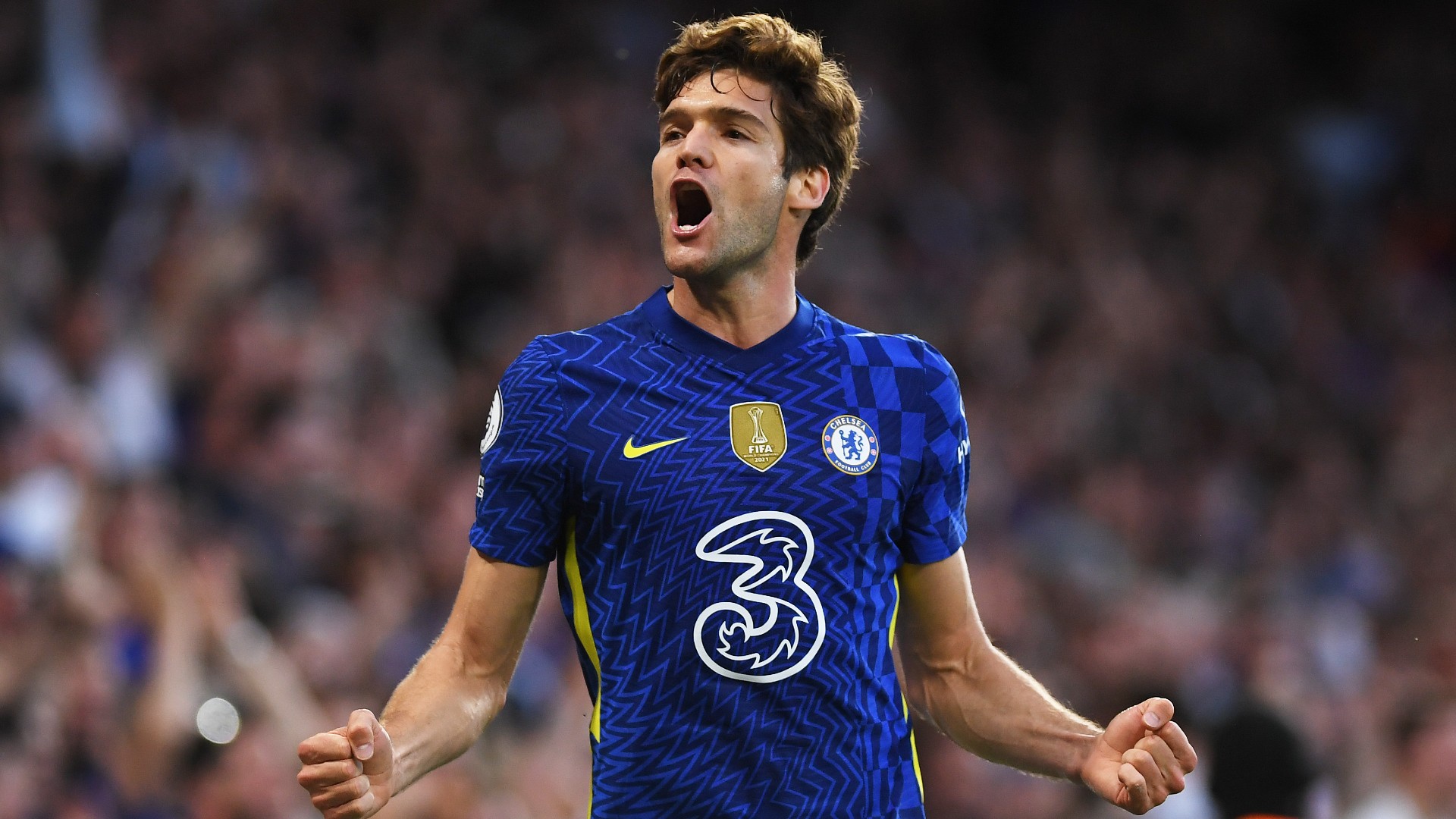 Marcos Alonso celebrates his equaliser against Leicester City
