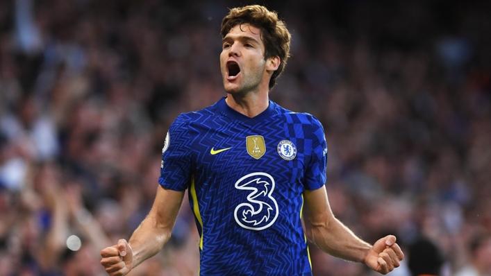 Marcos Alonso celebrates his equaliser against Leicester City