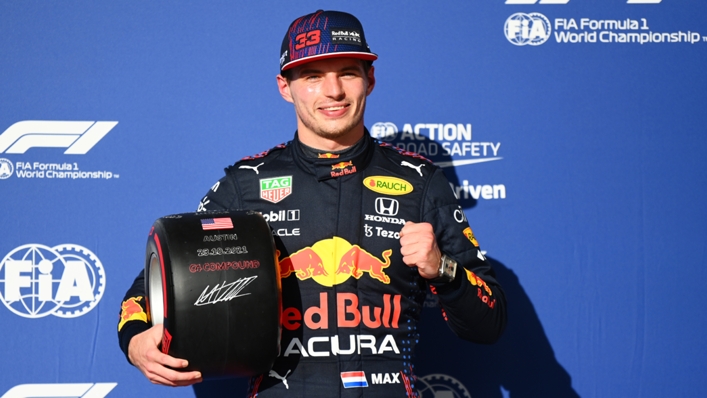 Max Verstappen celebrates his pole position in Austin