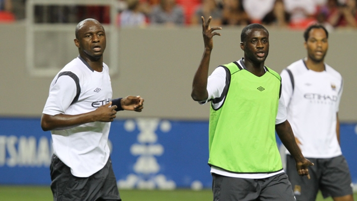 Yaya Toure (C) was unhappy to see former Manchester City team-mate Patrick Vieira (L) sacked by Crystal Palace