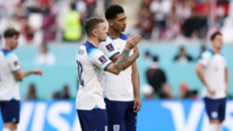 Kieran Trippier (L) and Jude Bellingham (R) during the rout of Iran