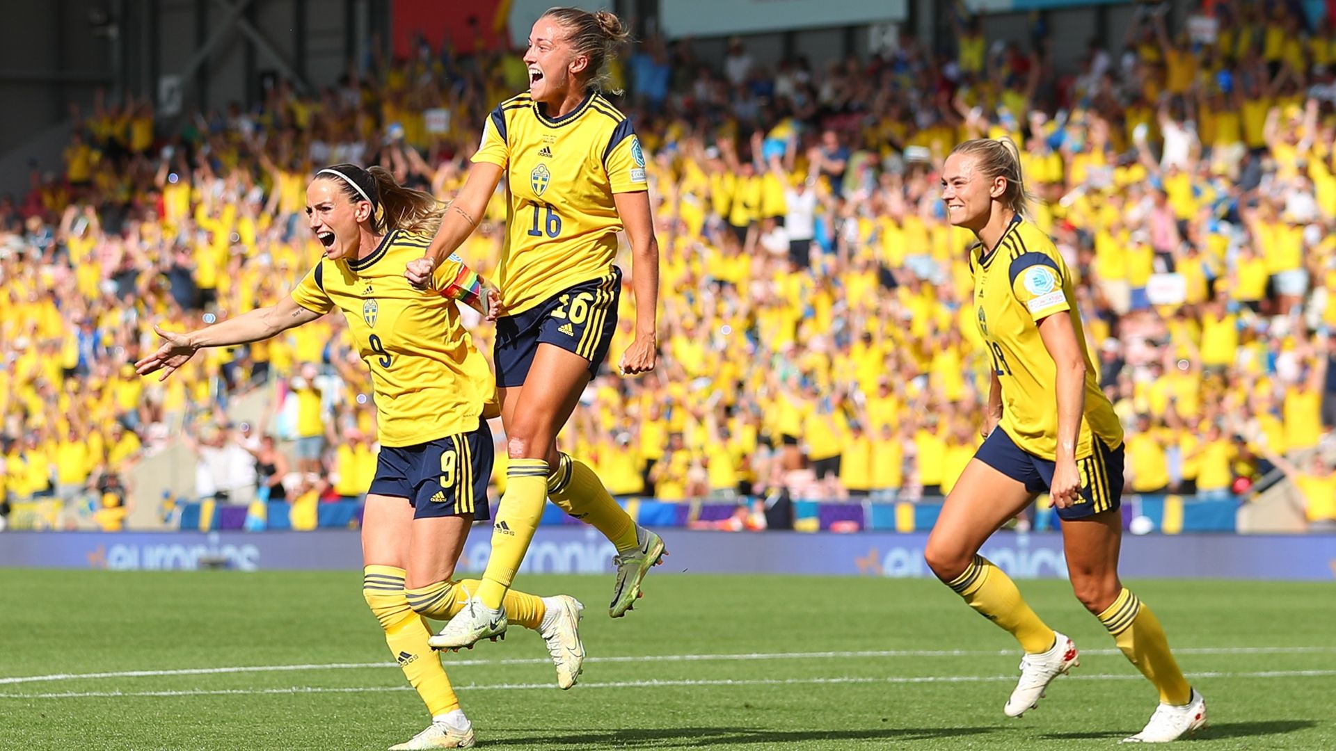 Filippa Angeldal jumps for joy after scoring for Sweden