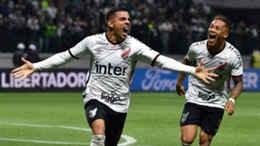David Terans (left) celebrates after putting Athletico Paranaense ahead on aggregate in the dying minutes