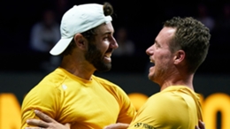 Jordan Thompson (L) and Lleyton Hewitt celebrate Australia's semi-final success