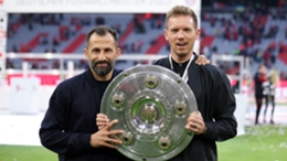 Hasan Salihamidzic (l) and Julian Nagelsmann celebrate Bayern Munich's latest title triumph