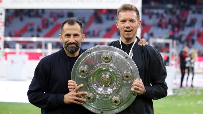 Hasan Salihamidzic (l) and Julian Nagelsmann celebrate Bayern Munich's latest title triumph