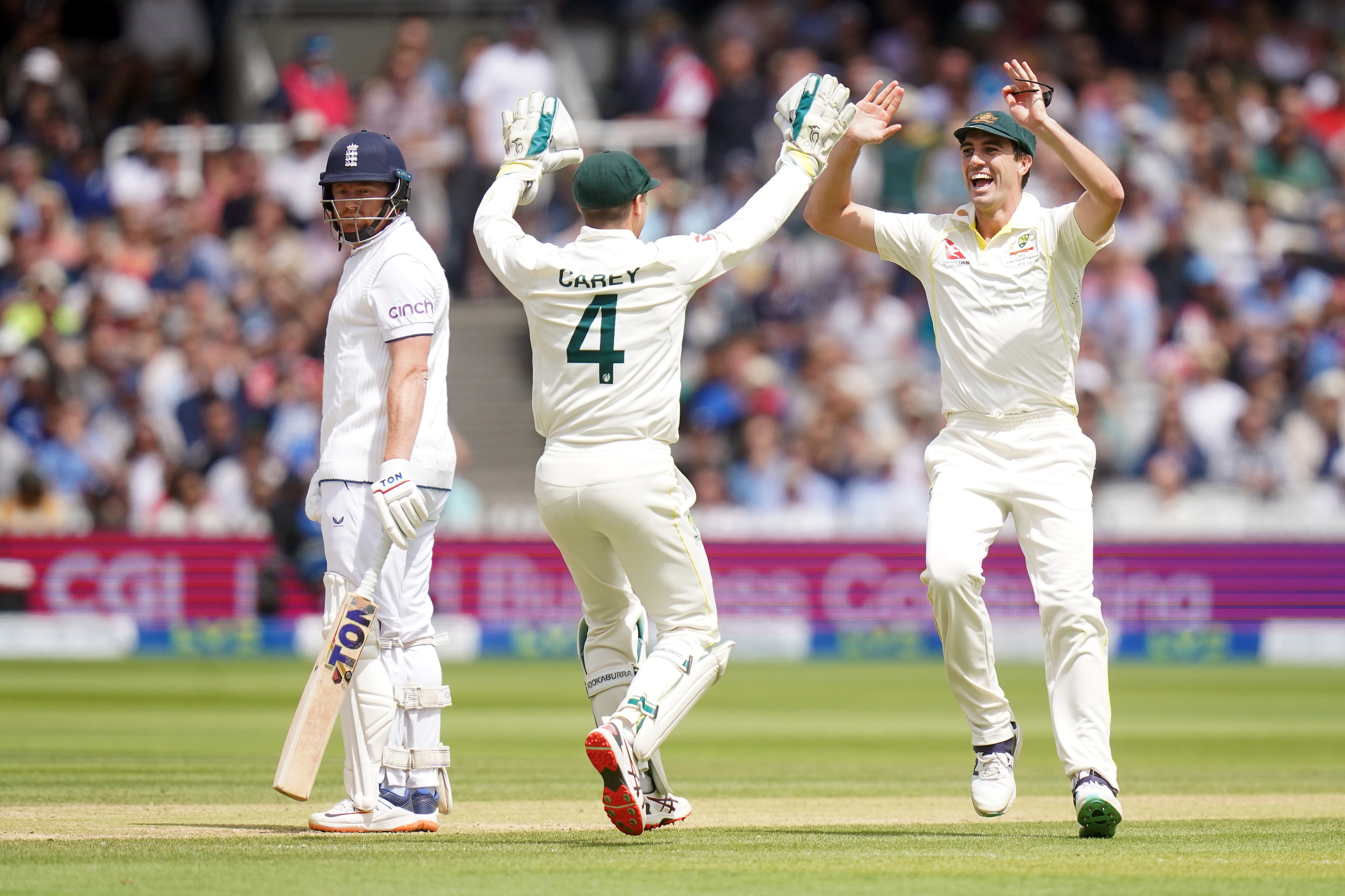 Alex Carey and Pat Cummins celebrated Jonny Bairstow's controversial stumping with wide smiles.