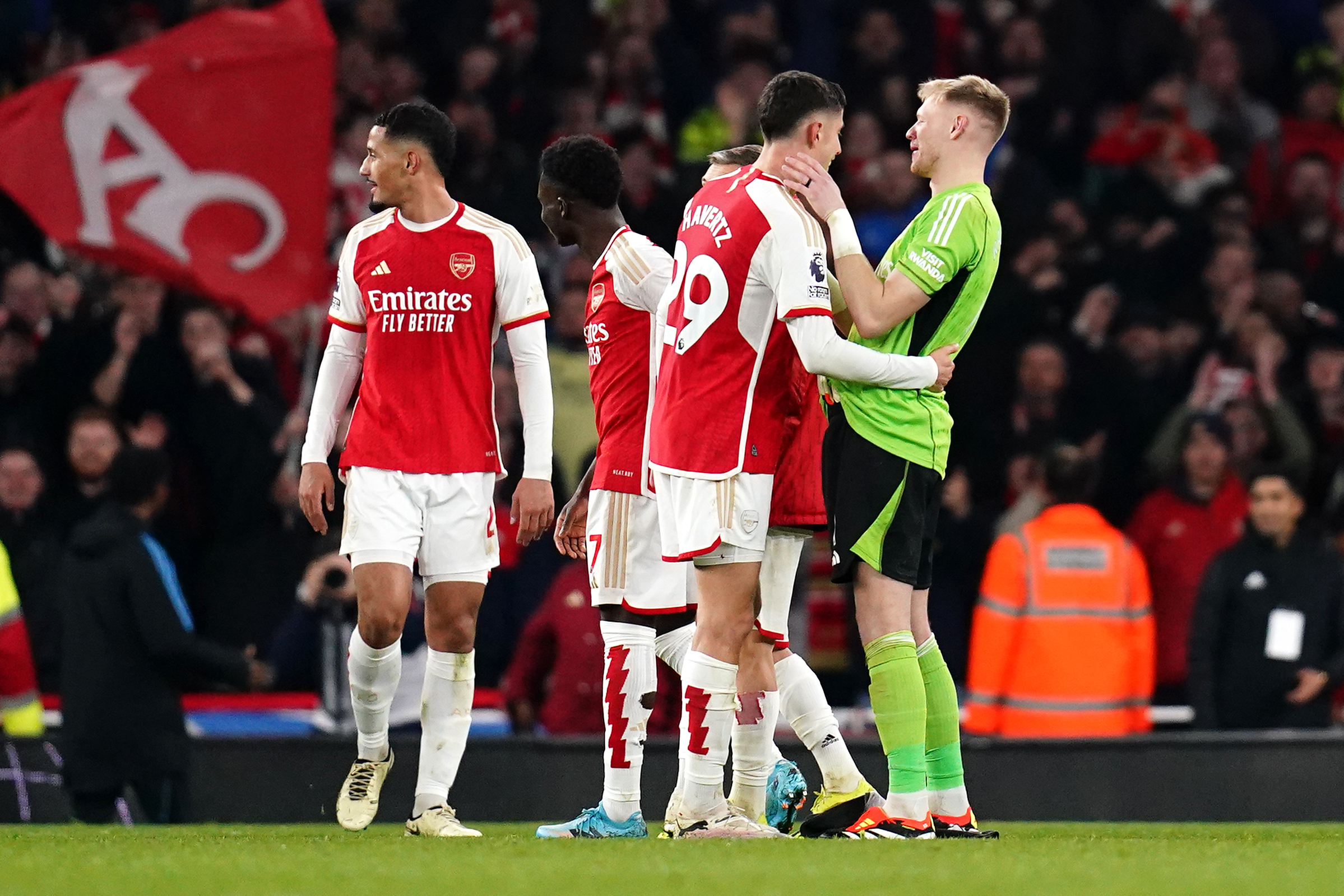 Aaron Ramsdale, right, embraces Kai Havertz at full-time