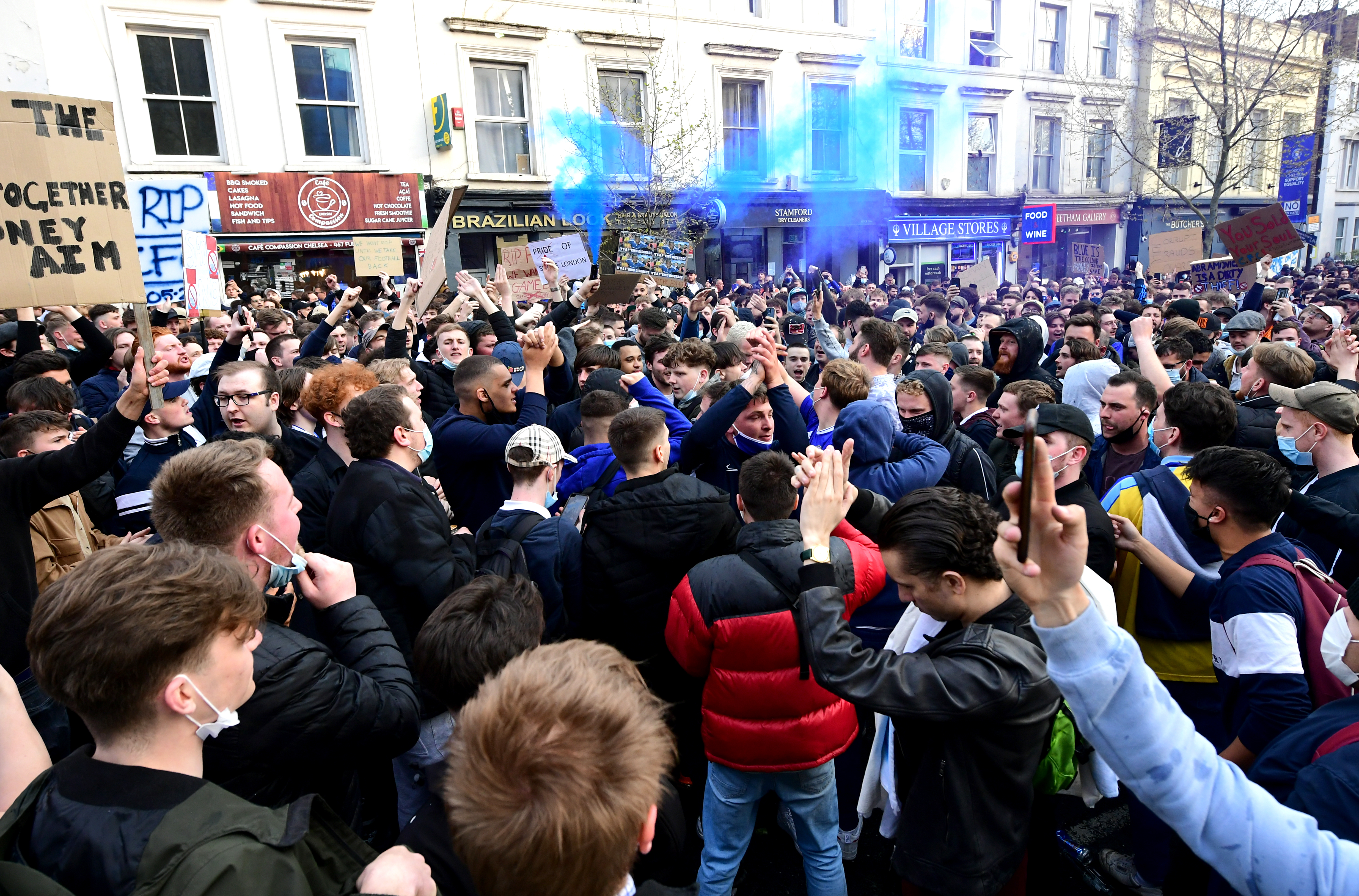 Chelsea supporters gather outside Stamford Bridge in April 2021 to protest against the formation of the Super League