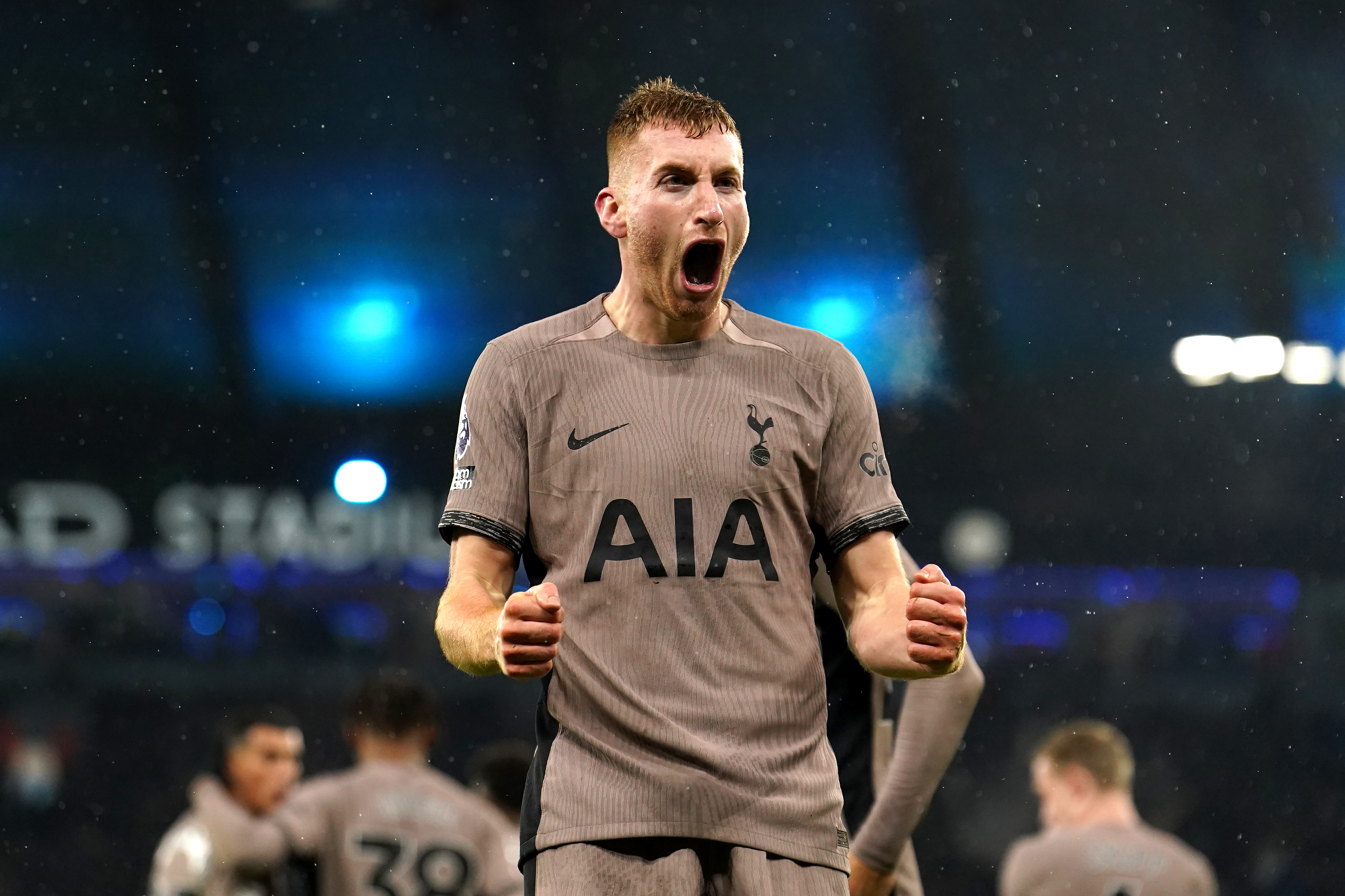 Tottenham's Dejan Kulusevski celebrates scoring their side’s equaliser against Manchester City