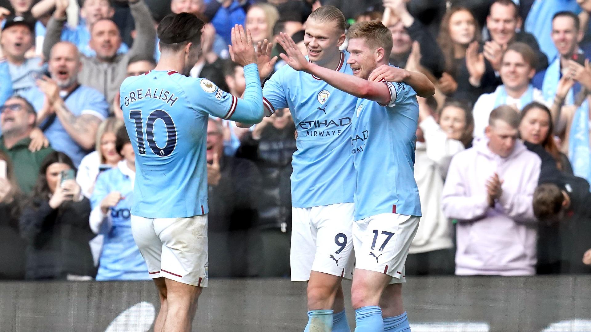 Erling Haaland, centre, Kevin De Bruyne, right, and Jack Grealish have been key to Manchester City’s attacking firepower (Nick Potts/PA)
