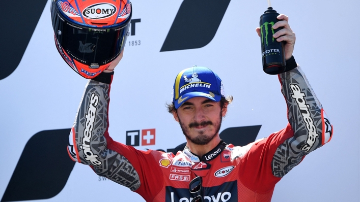 Francesco Bagnaia celebrates his win at the Aragon Grand Prix