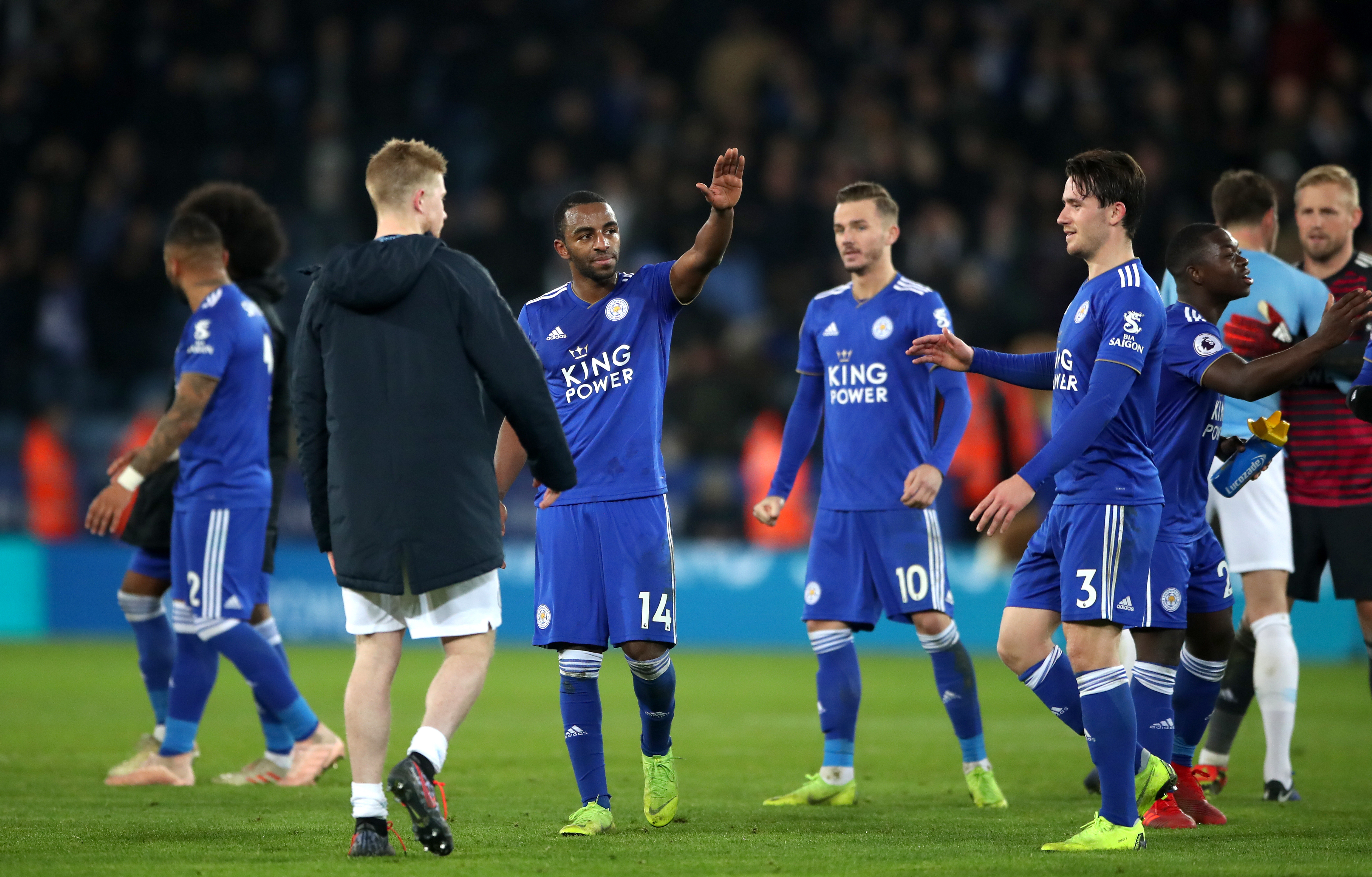 Ricardo Pereira, third left, and Leicester celebrate victory over Manchester City on Boxing Day 2018