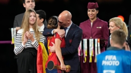 Luis Rubiales, centre, has apologised for his behaviour at Sunday’s World Cup final (Alessandra Tarantino/AP)