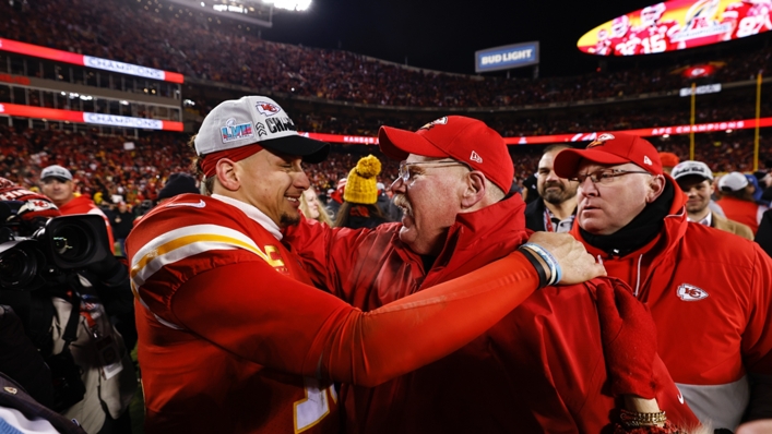 Patrick Mahomes and Andy Reid celebrate their AFC Championship Game