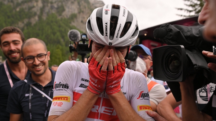 Giulio Ciccone breaks down in tears after his stage-15 win at the Giro d'Italia