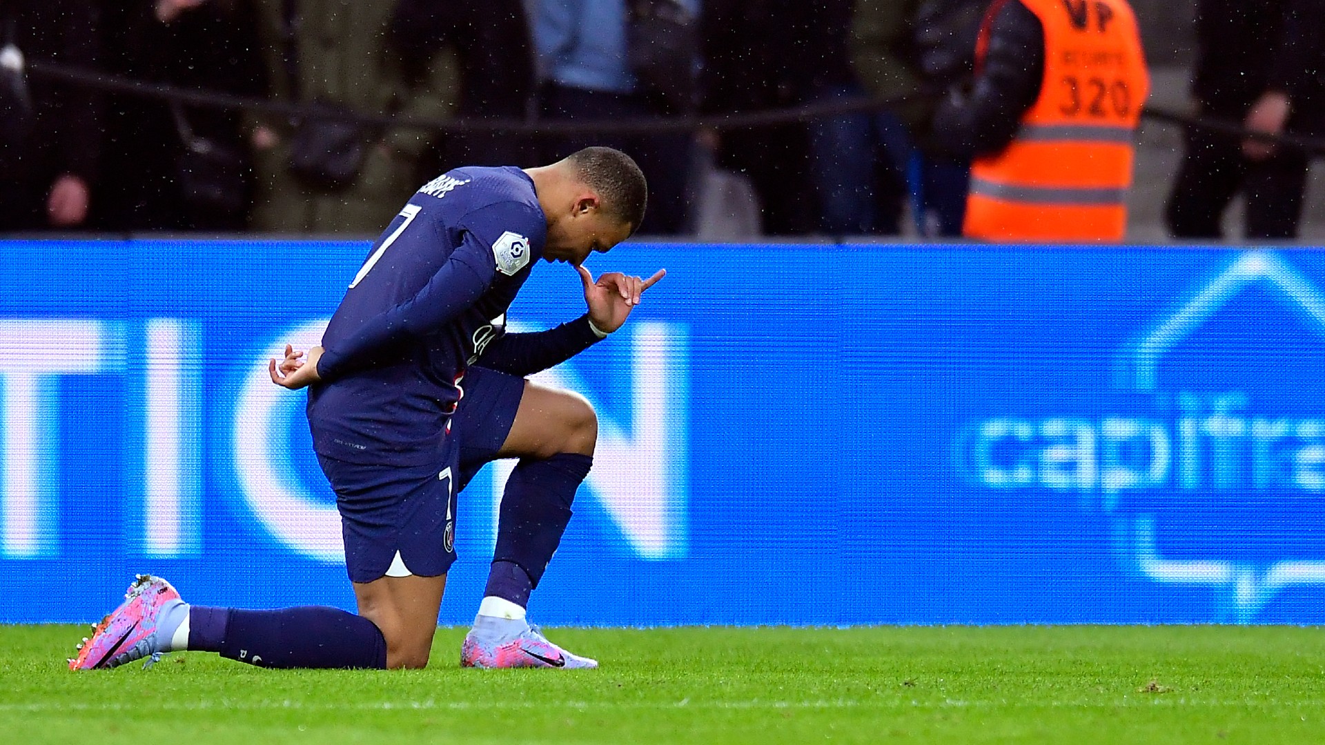 Kylian Mbappe celebrates after netting his 200th goal for Paris Saint-Germain on Sunday