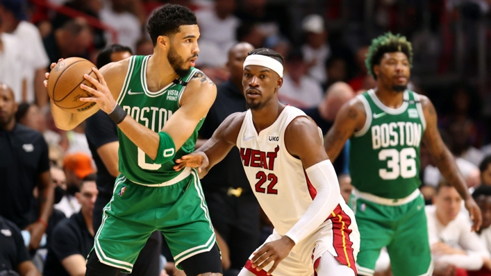 Jimmy Butler guarding Jayson Tatum (left) in Game 2 of the Eastern Conference Finals