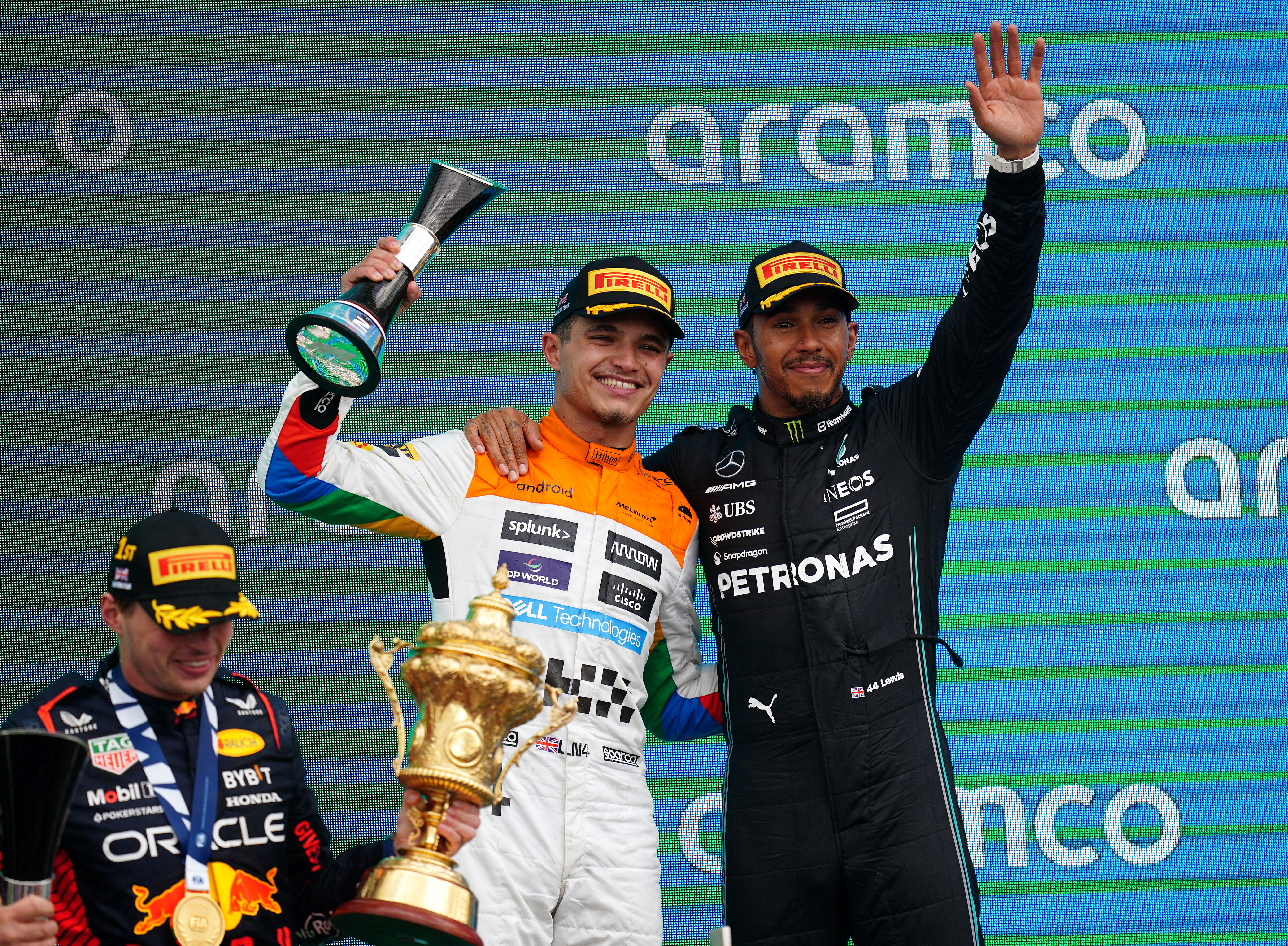 Norris (left) and Hamilton made it a British double on the podium at Silverstone