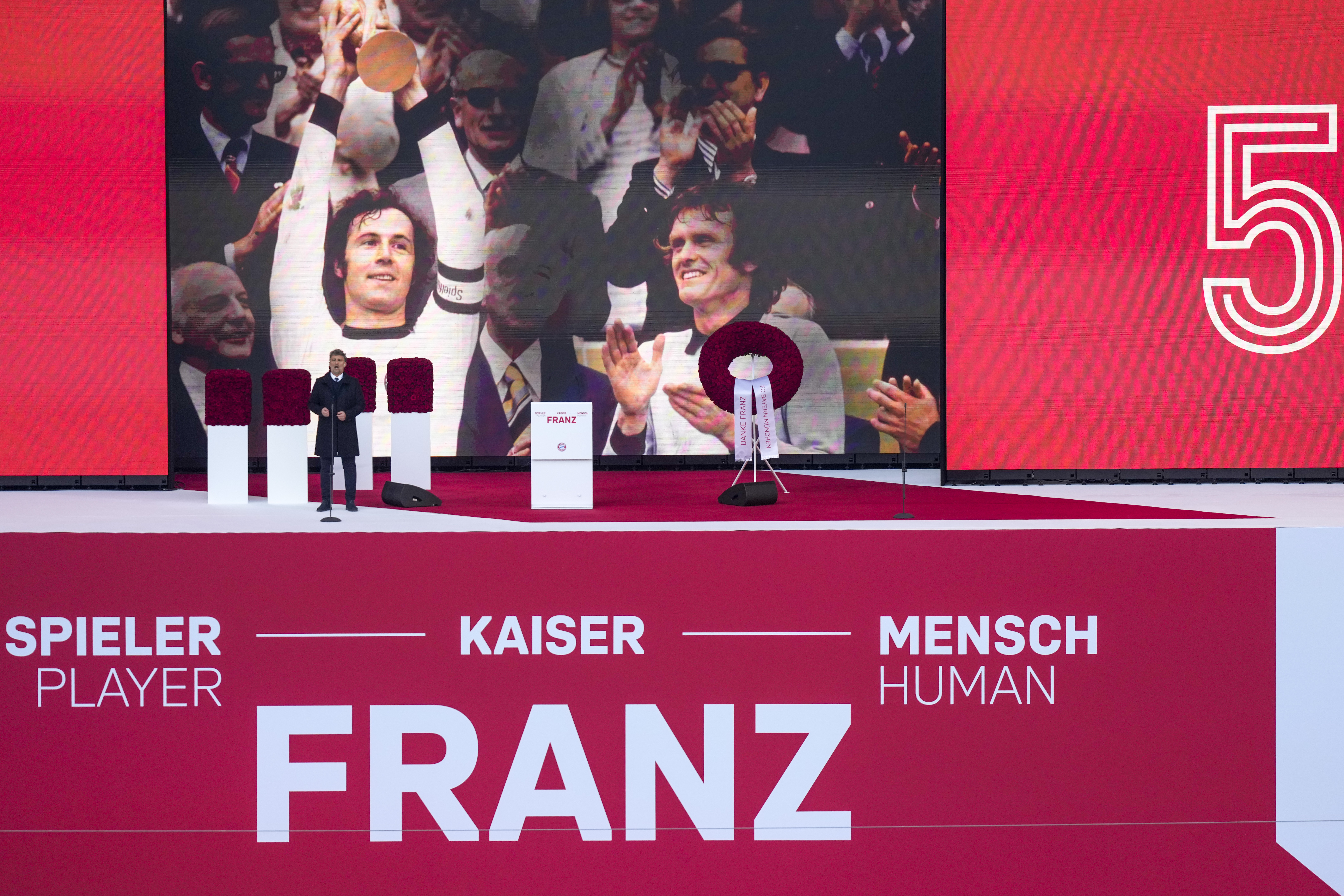 Tenor Jonas Kaufmann sings during a memorial service for Franz Beckenbauer at the Allianz Arena