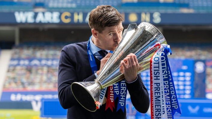 Steven Gerrard celebrates Rangers' undefeated title triumph