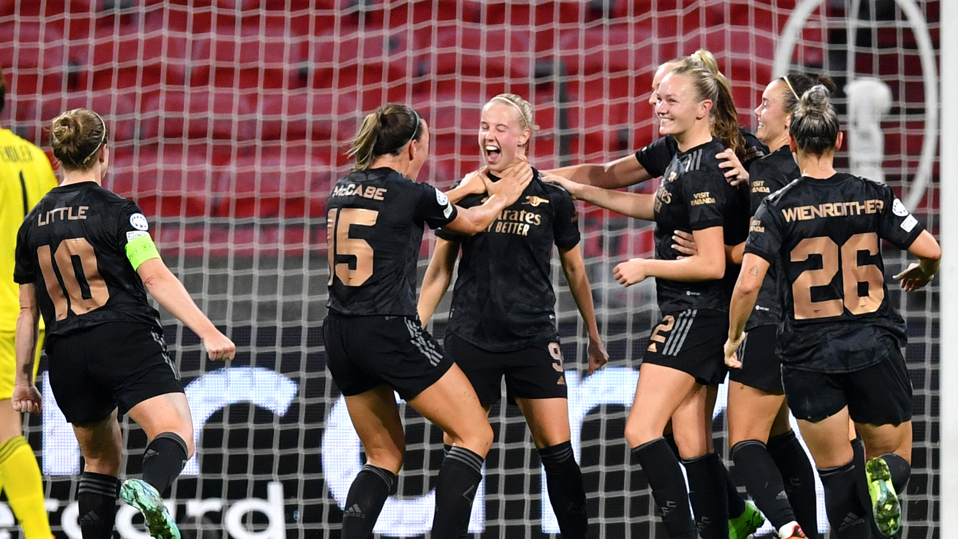 Beth Mead celebrates scoring for Arsenal at Lyon in the Champions League