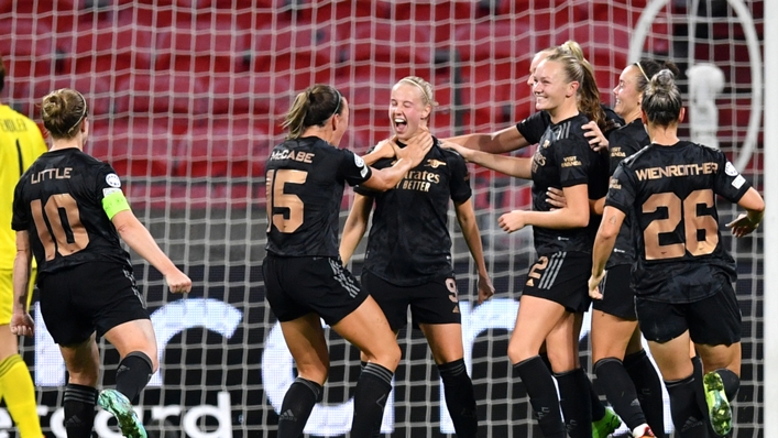 Beth Mead celebrates scoring for Arsenal at Lyon in the Champions League