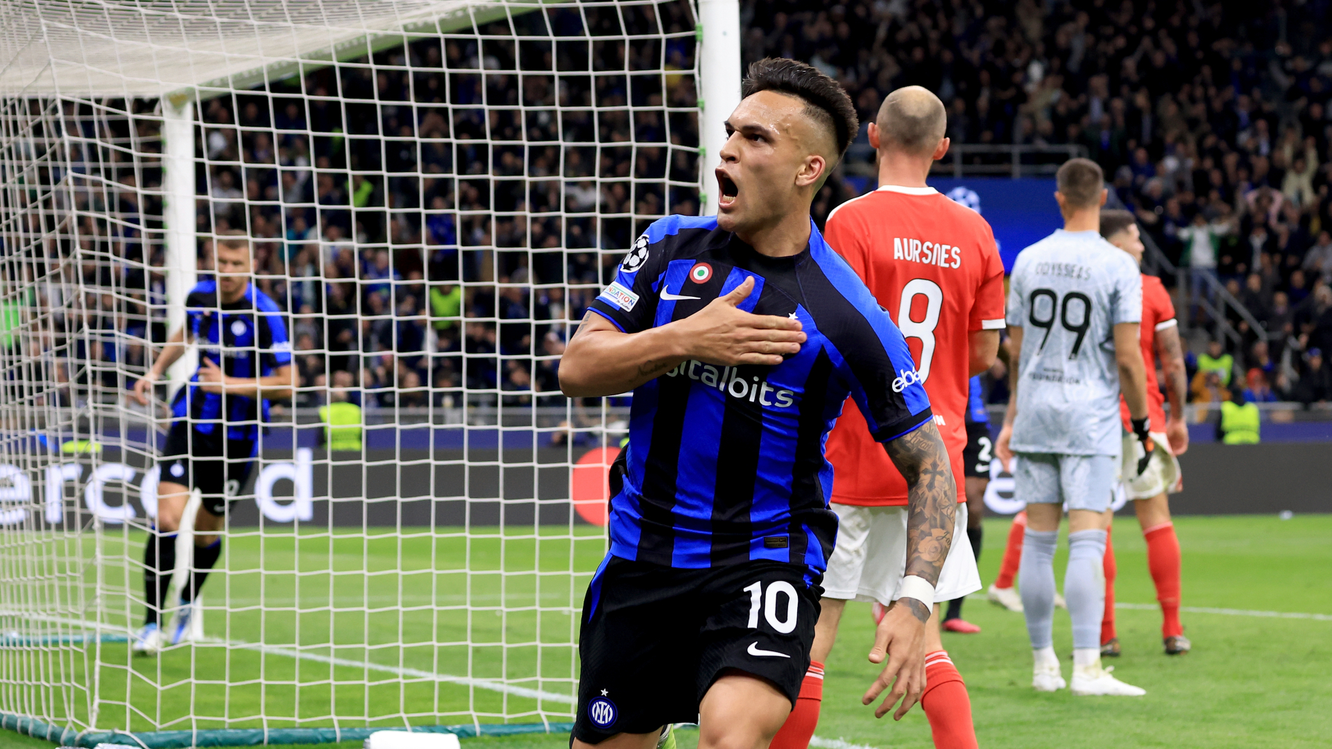 Lautaro Martinez celebrates scoring for Inter against Benfica in the Champions League quarter-finals