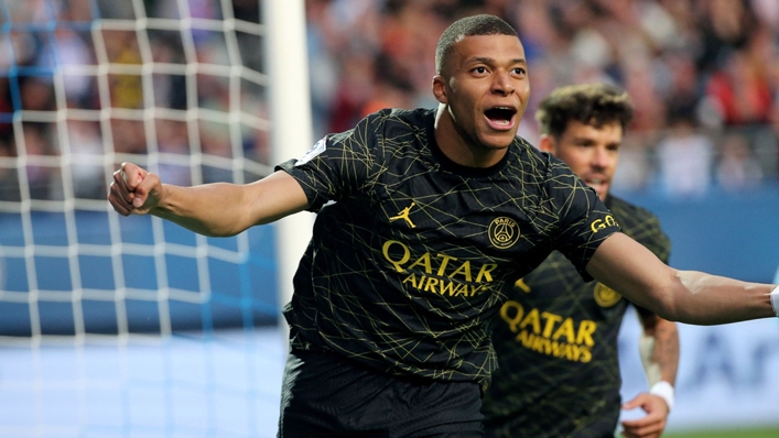 Kylian Mbappe celebrates after scoring against Troyes