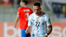 Lautaro Martinez of Argentina celebrates after scoring the second goal of his team during a match between Chile and Argentina