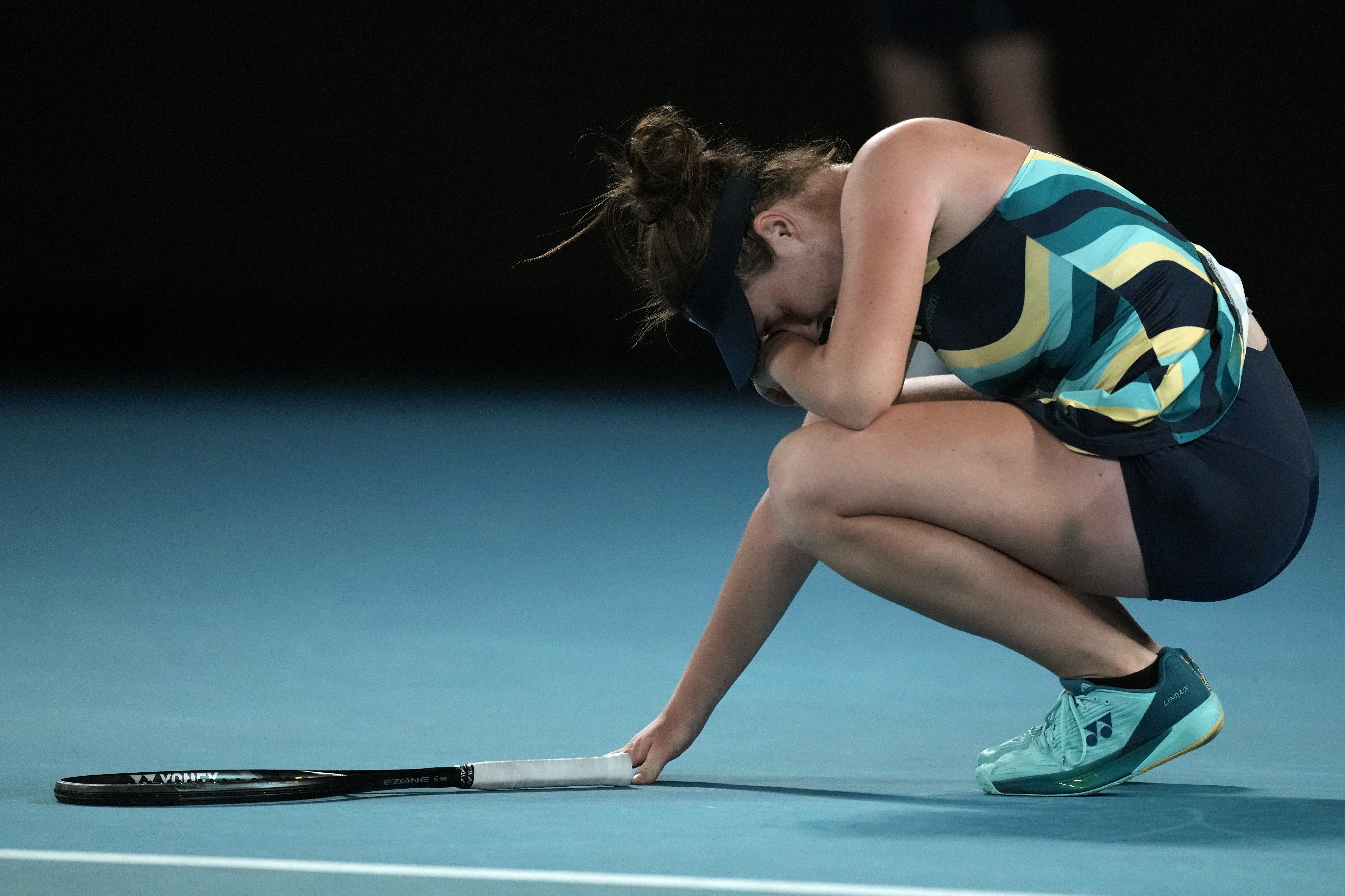 Linda Noskova reacts after defeating Iga Swiatek