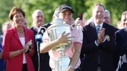 Justin Thomas celebrates with the Wanamaker Trophy after winning the US PGA Championship