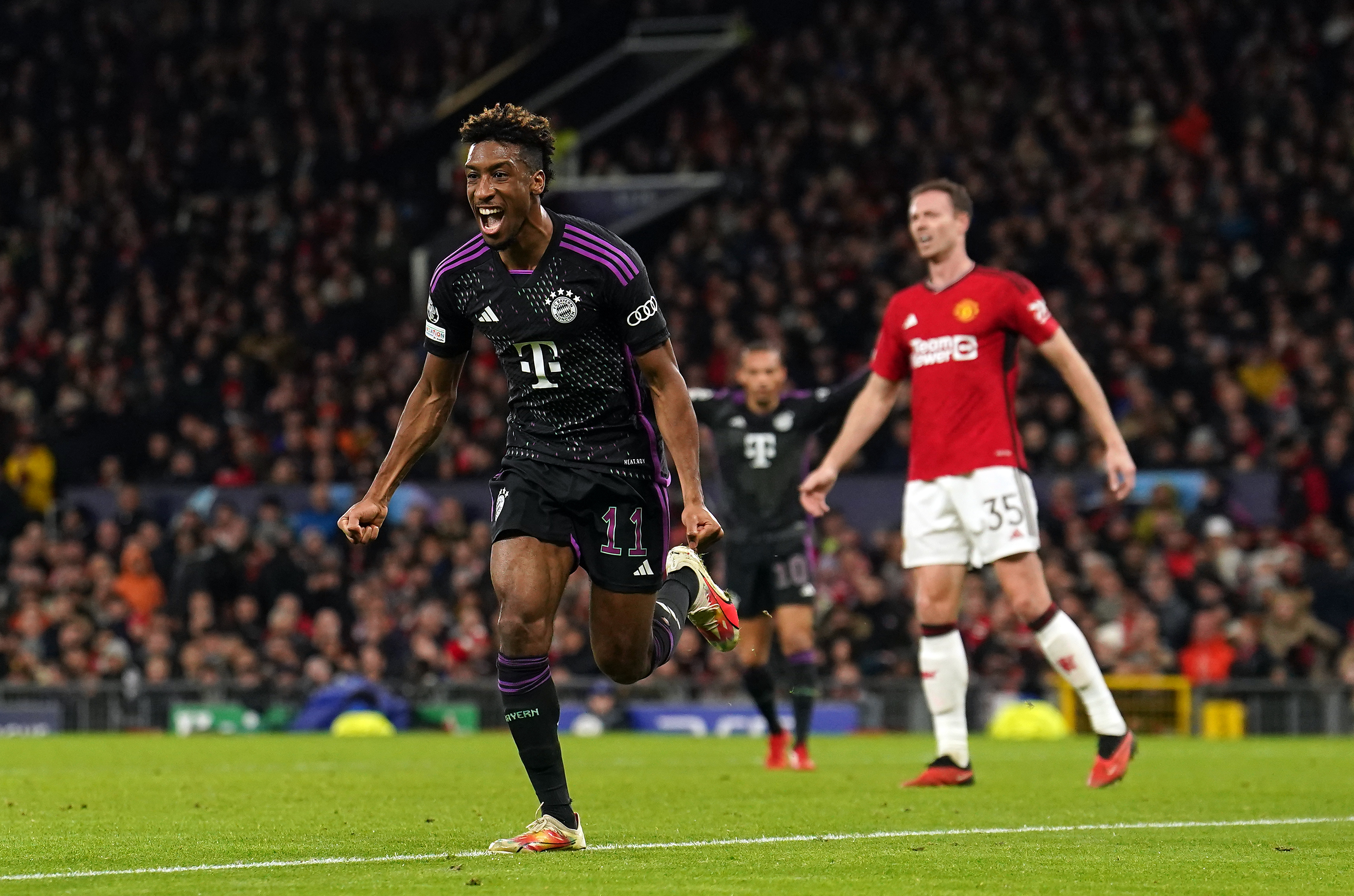 Kingsley Coman celebrates what proved to be Bayern Munich's winner at Old Trafford