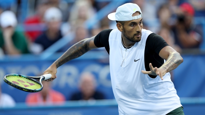 Nick Kyrgios rips a forehand in his opening round win against Marcos Giron