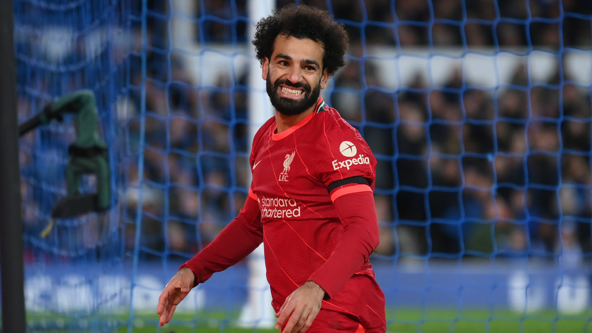 Mohamed Salah celebrates scoring against Everton