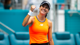 Sorana Cirstea celebrates defeating Aryna Sabalenka in her quarter-final match at the Miami Open