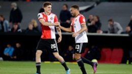Cyriel Dessers celebrates after putting Feyenoord 3-2 up against Marseille