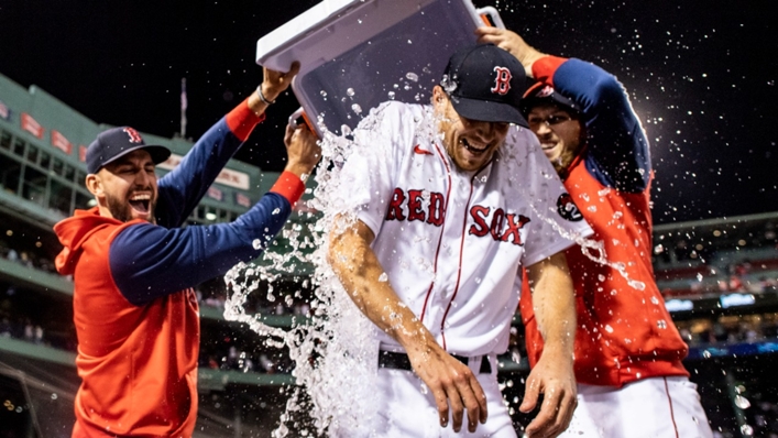 Boston Red Sox pitcher Nick Pivetta gets doused after his complete game against the Houston Astros