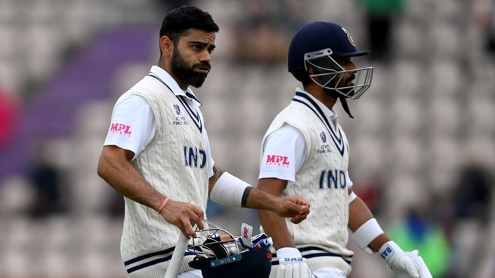 Virat Kohli and Ajinkya Rahane leave the field on day two of the Test Championship final