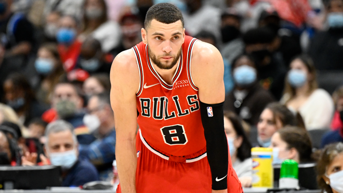Zach LaVine of the Chicago Bulls rests during a break in the game
