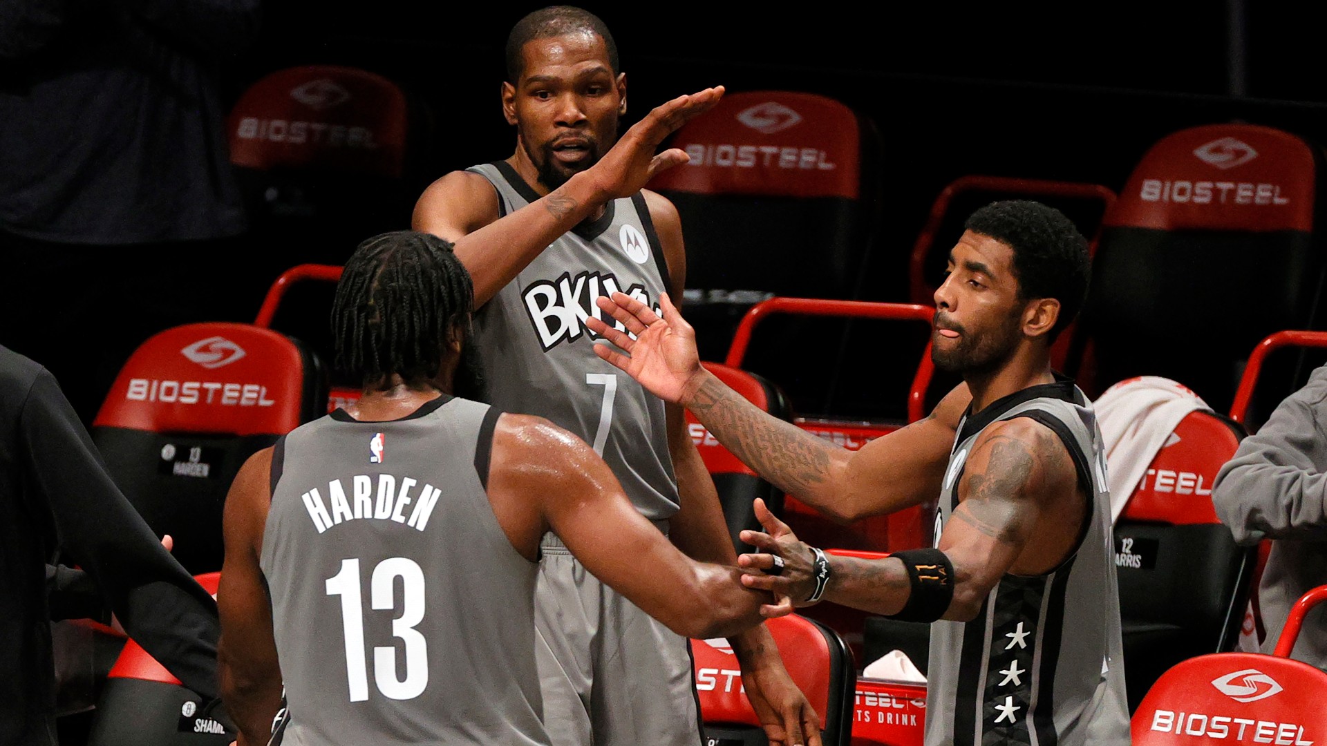 Brooklyn Nets superstars James Harden (L), Kevin Durant (C) and Kyrie Irving (R)