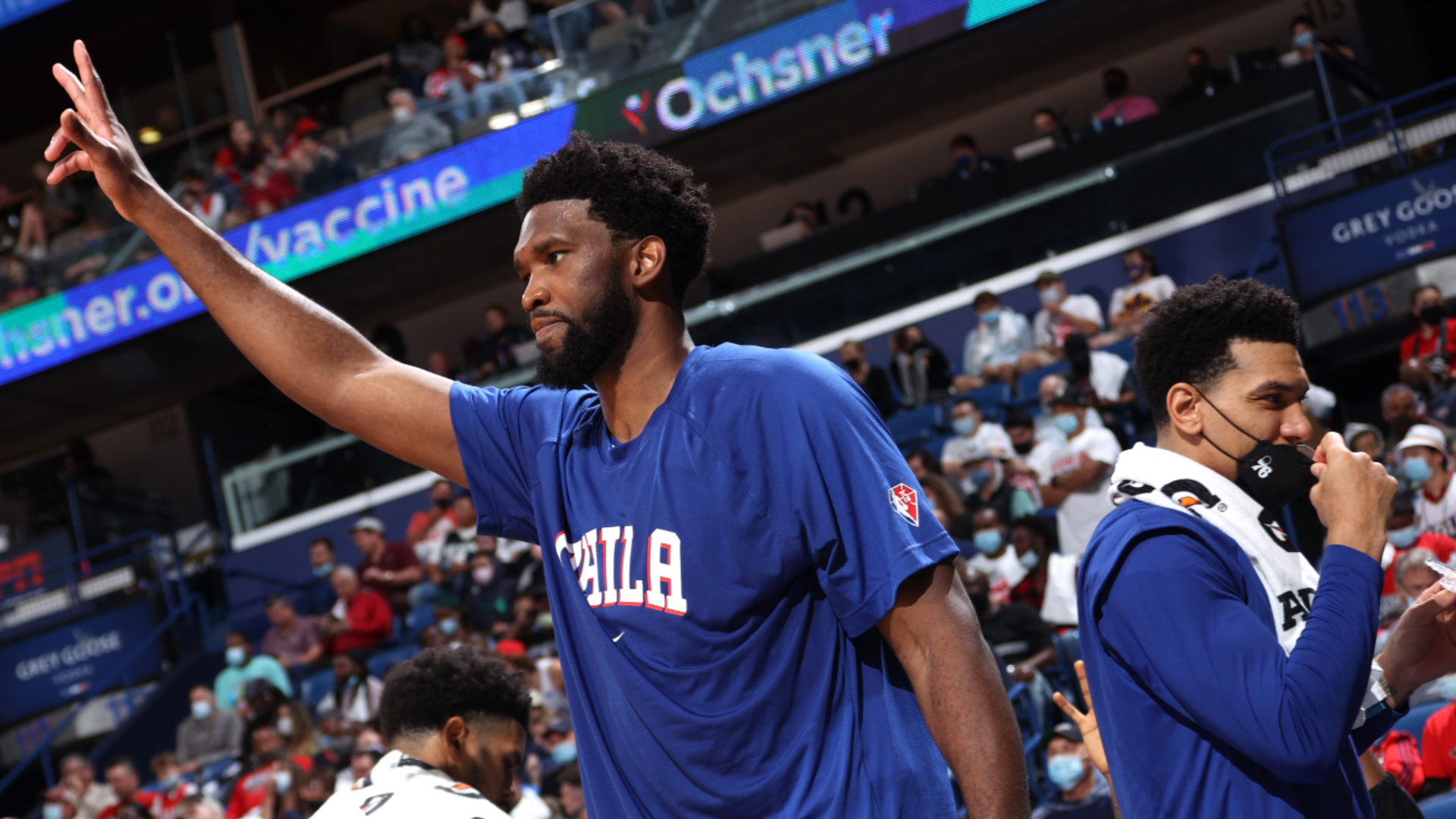 Joel Embiid celebrates after the 76ers' win over the Pelicans