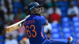 Suryakumar Yadav watches after swatting a six against West Indies