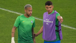 Brazil's Thiago Silva speaks with Neymar at the 2021 Copa America